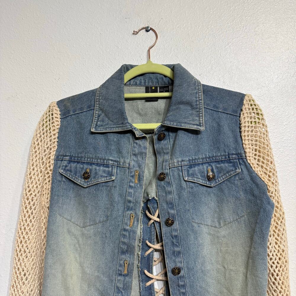 Cama Sol Denim Crochet Sleeve Vintage Jacket Sz S - Picture 3 of 11